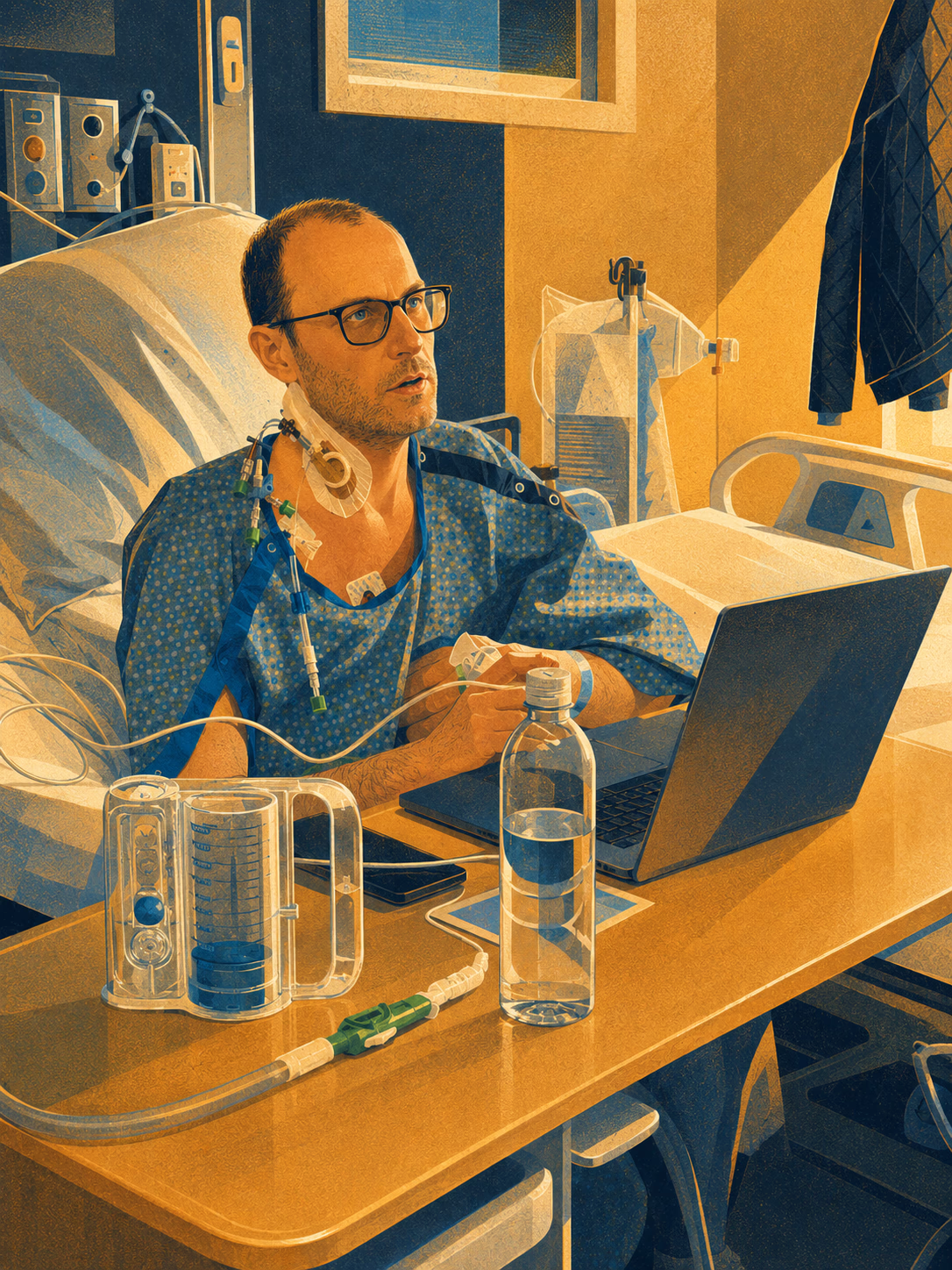 Chris on a laptop in a hospital bed, building, after heart surgery.