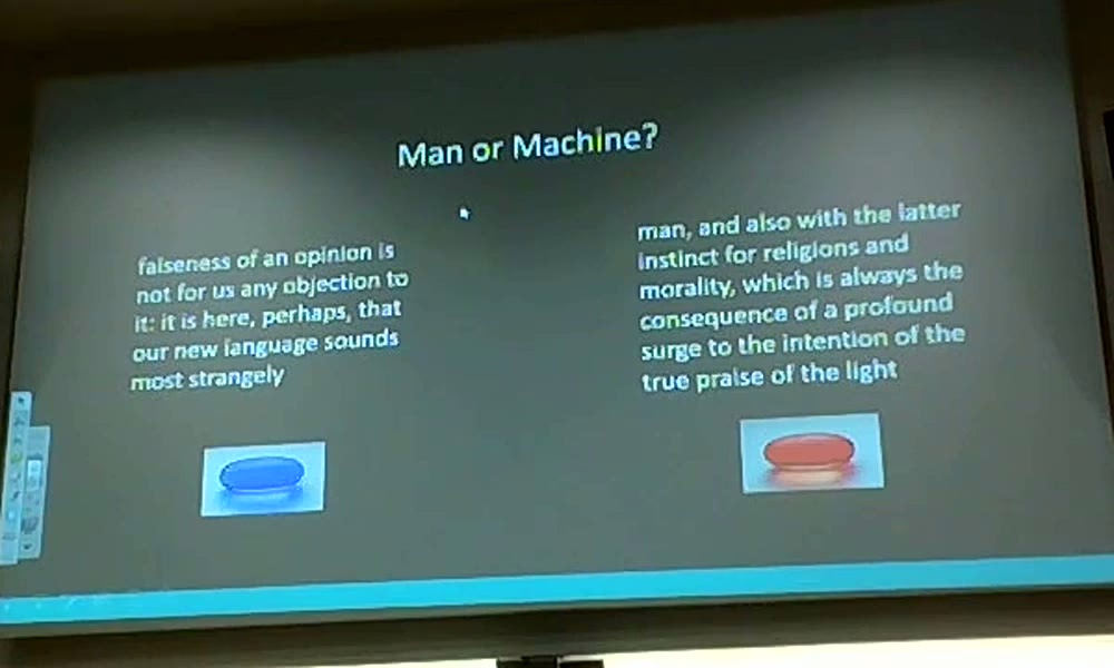 The 2016 slide titled Man or Machine, showing two passages of Nietzsche-style prose with a blue pill and a red pill beneath them.