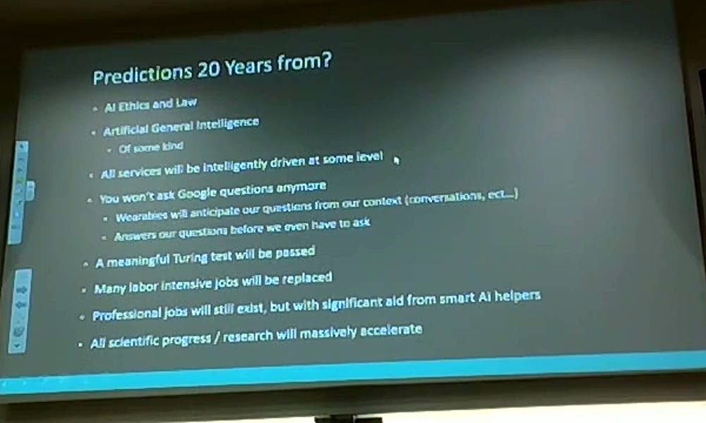 The 2016 slide titled Predictions 20 Years From, listing AGI, all services intelligently driven, you won't ask Google questions anymore, and professional jobs aided by smart AI helpers.