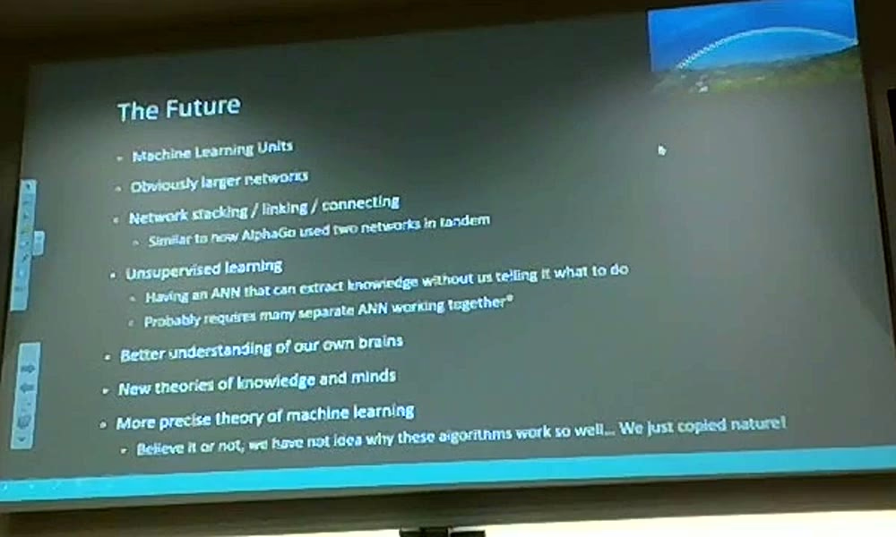 The 2016 slide titled The Future, listing machine learning units, larger networks, network stacking, and unsupervised learning.