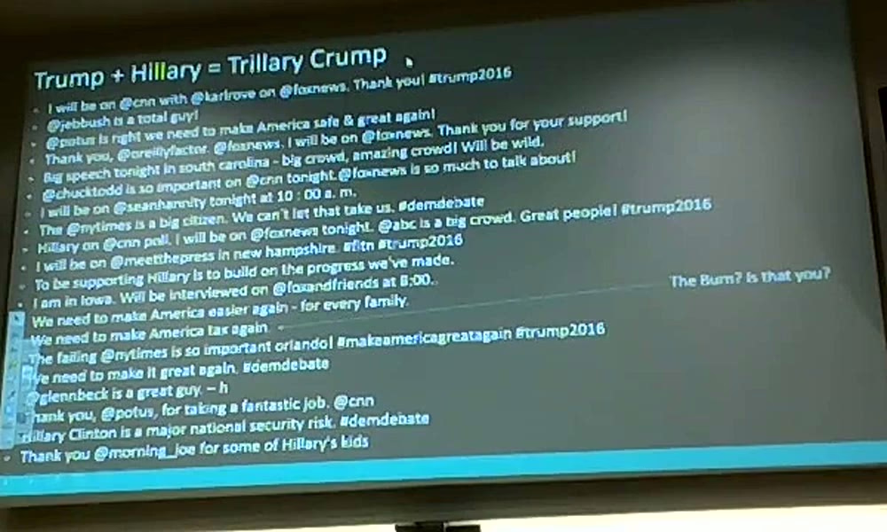 The 2016 slide titled Trump plus Hillary equals Trillary Crump, listing dozens of machine-generated campaign tweets.