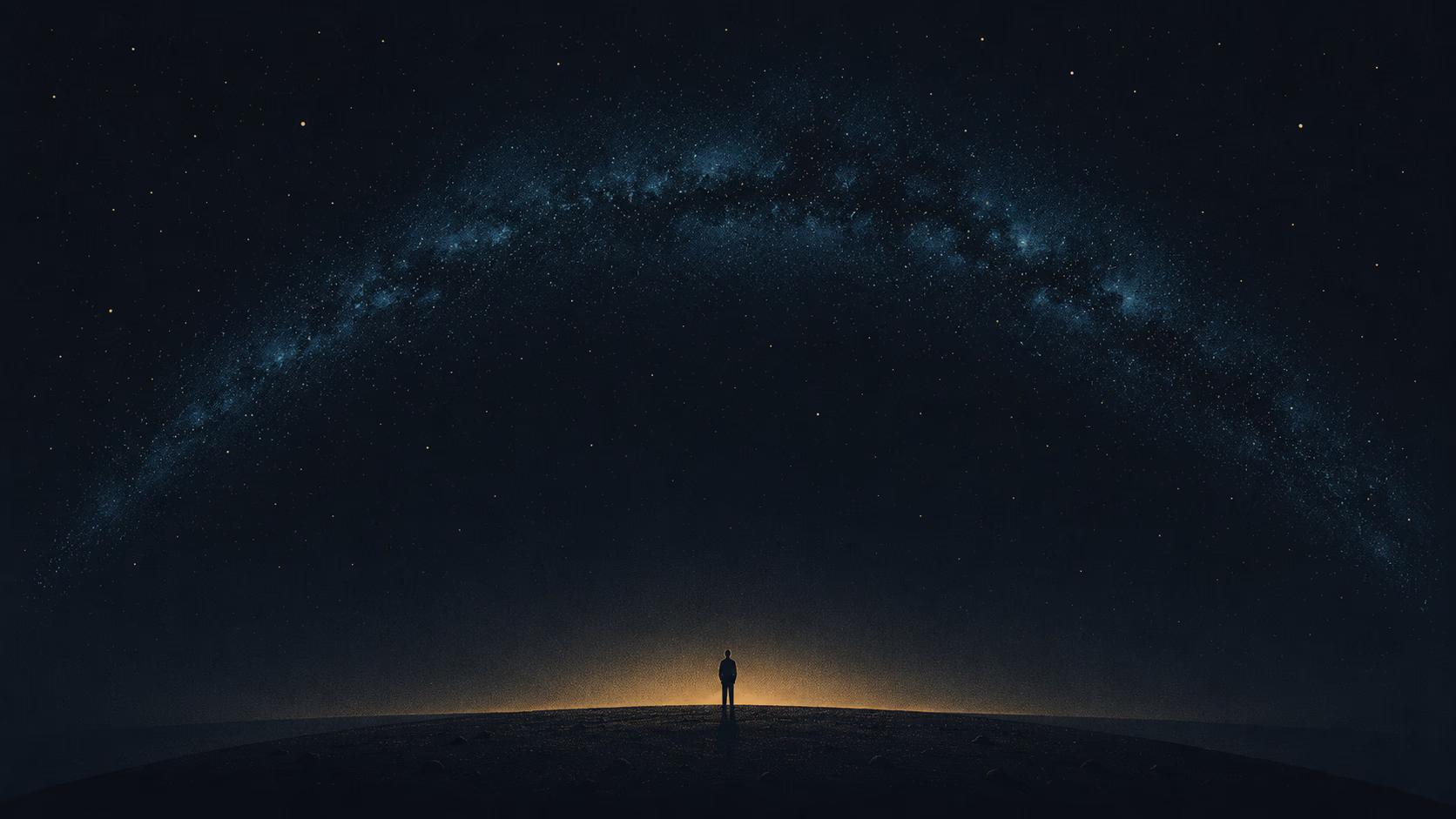 A luminous figure facing a vast field of color and stars.