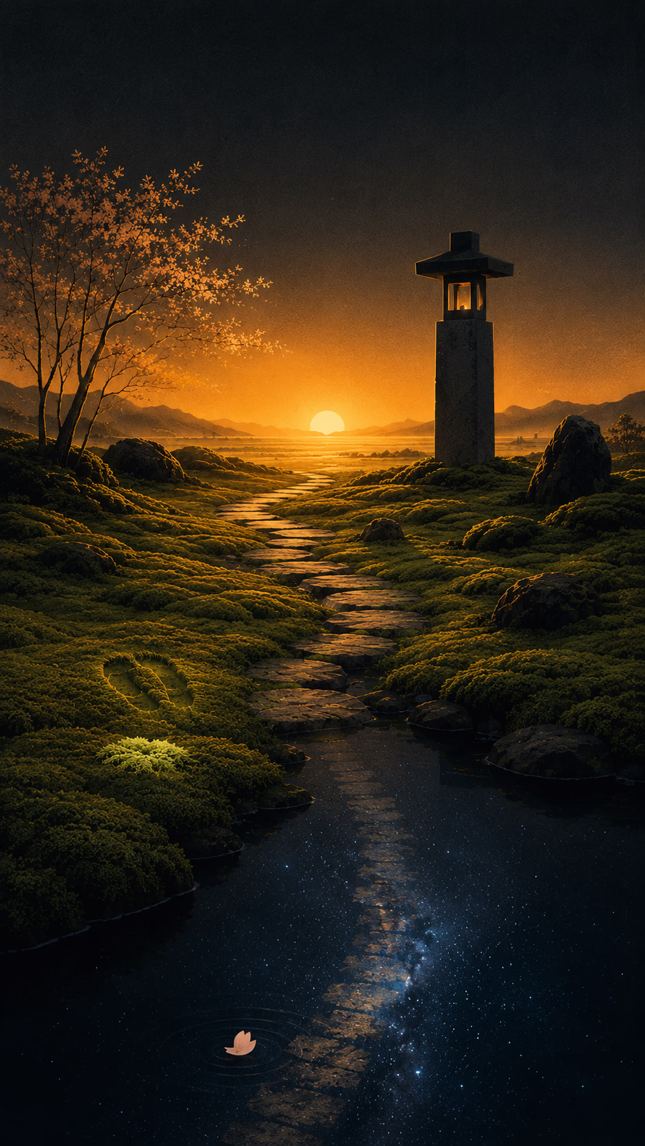 A garden at sunset with a lantern, moss, water, and stars reflected in the dark.